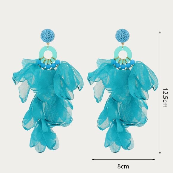 Blue Boho Womens Long Blue Tassel Flower Petal Pendant Earrings - Picture 4 of 4